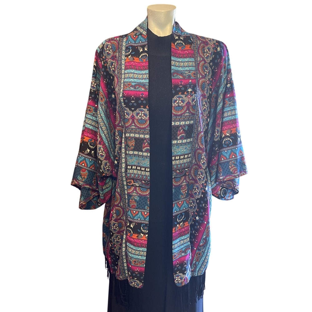 Paisley Kimono Duster‎ Jacket Colorful Bohemian Festival Fringe Cover Up